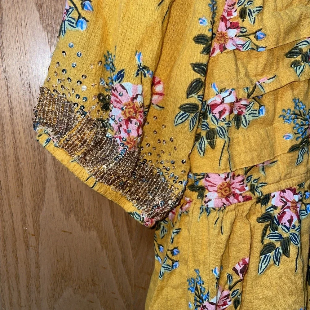 Pink Chicken Girl's Size 12Y Puff Sleeve Beaded Sleeves Floral Pleated